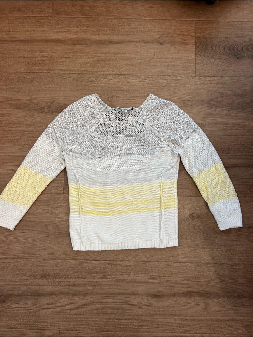Autumn Cashmere white, yellow and Yellow Striped Open-Stitch Crewneck Sweater
